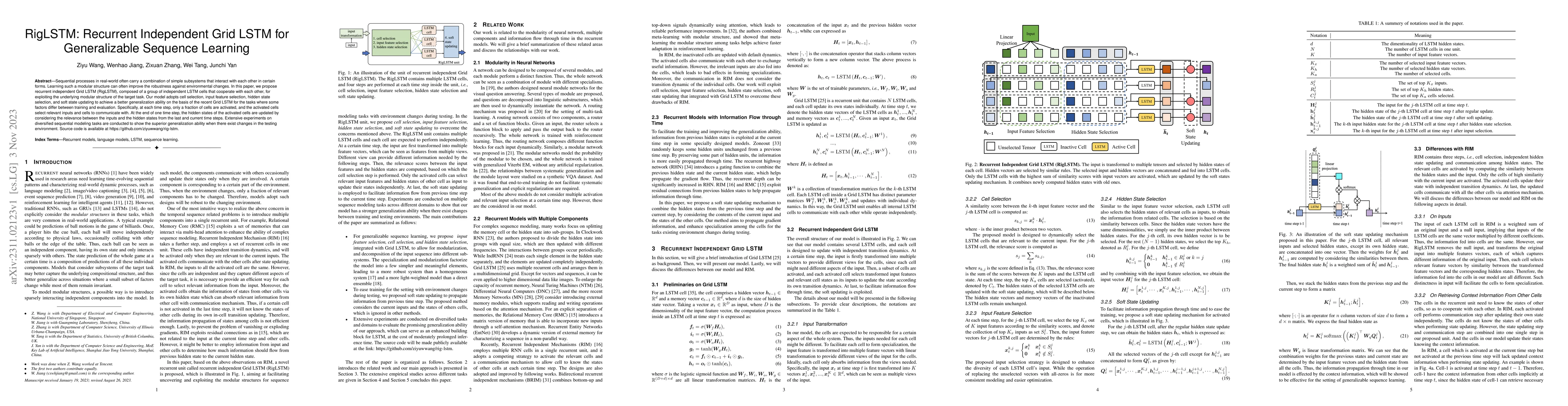 Thumbnail for RigLSTM: Recurrent Independent Grid LSTM for Generalizable Sequence
  Learning