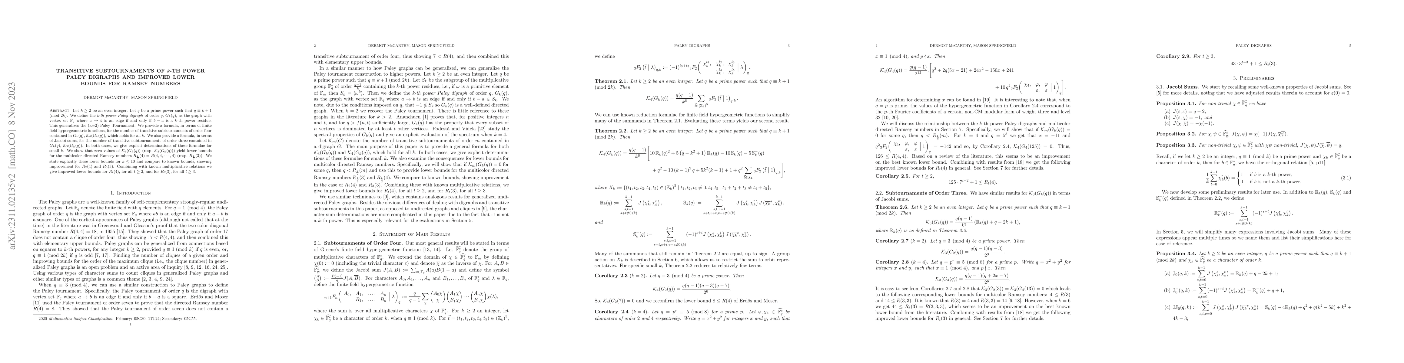Thumbnail for Transitive subtournaments of $k$-th power Paley digraphs and improved
  lower bounds for Ramsey numbers