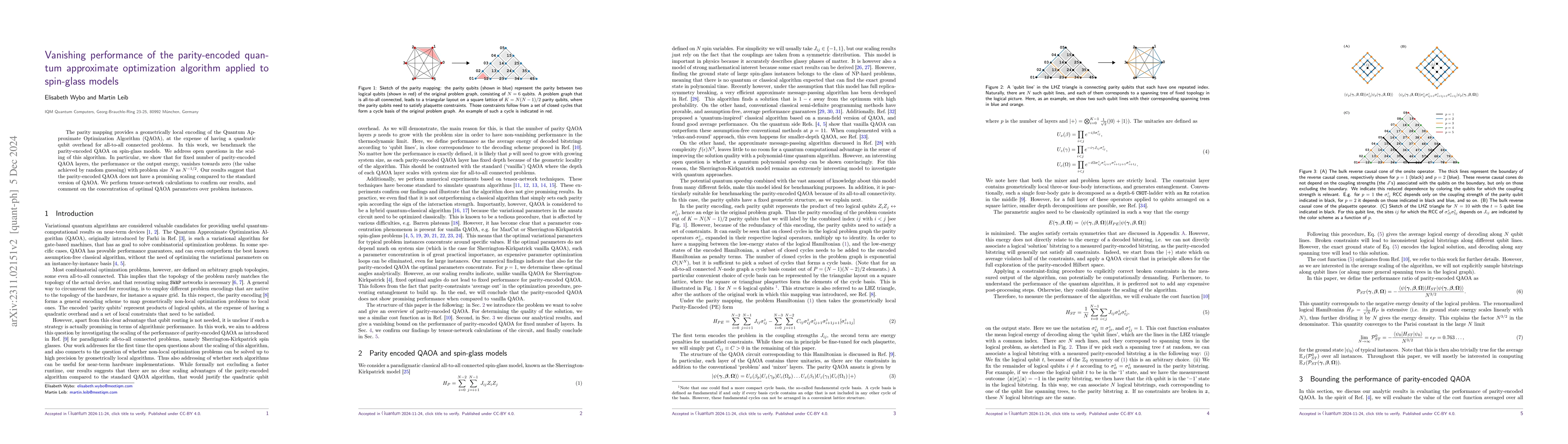 Thumbnail for Vanishing performance of the parity-encoded quantum approximate
  optimization algorithm applied to spin-glass models