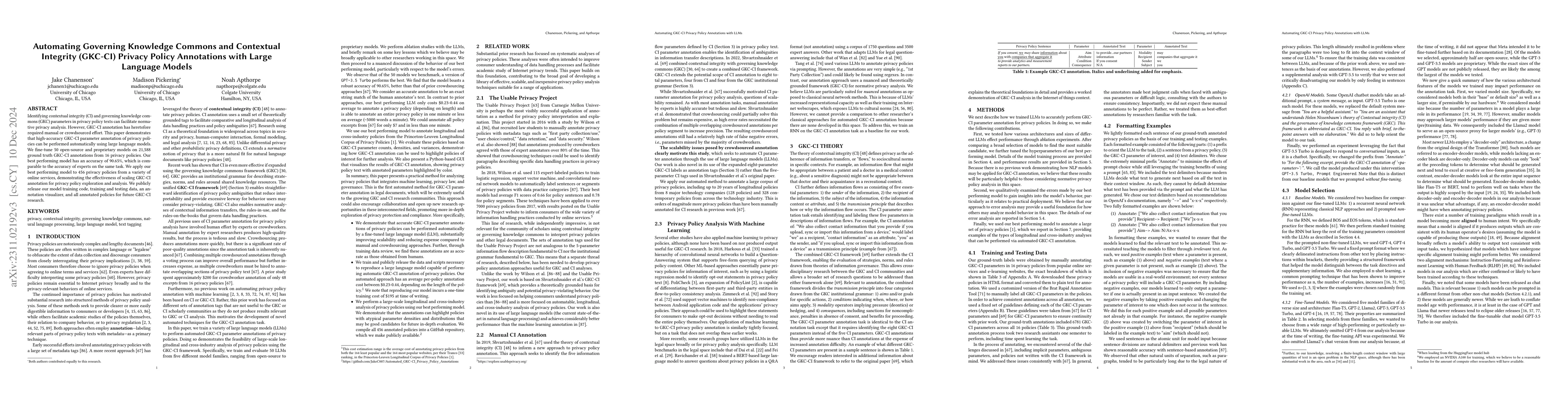 Thumbnail for Automating Governing Knowledge Commons and Contextual Integrity (GKC-CI)
  Privacy Policy Annotations with Large Language Models