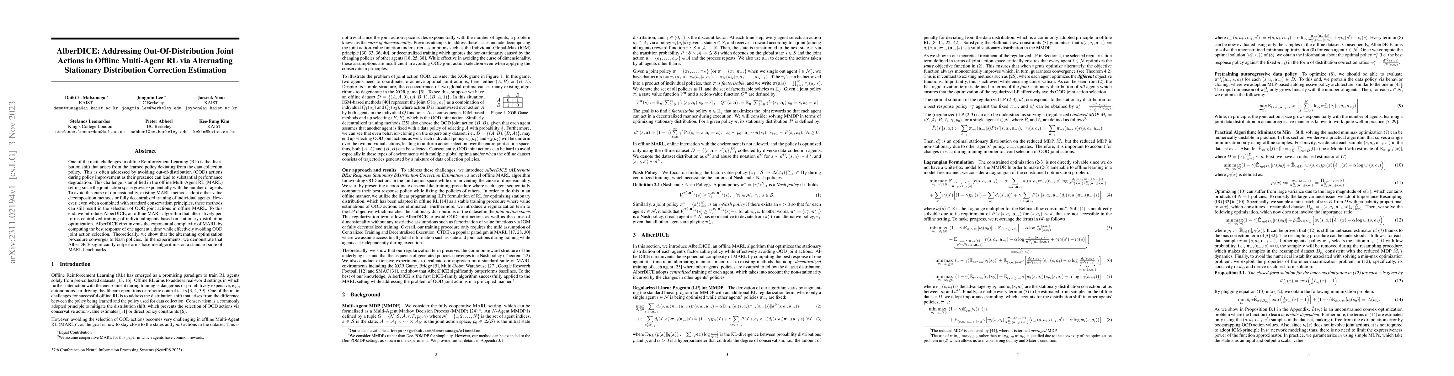 Thumbnail for AlberDICE: Addressing Out-Of-Distribution Joint Actions in Offline
  Multi-Agent RL via Alternating Stationary Distribution Correction Estimation