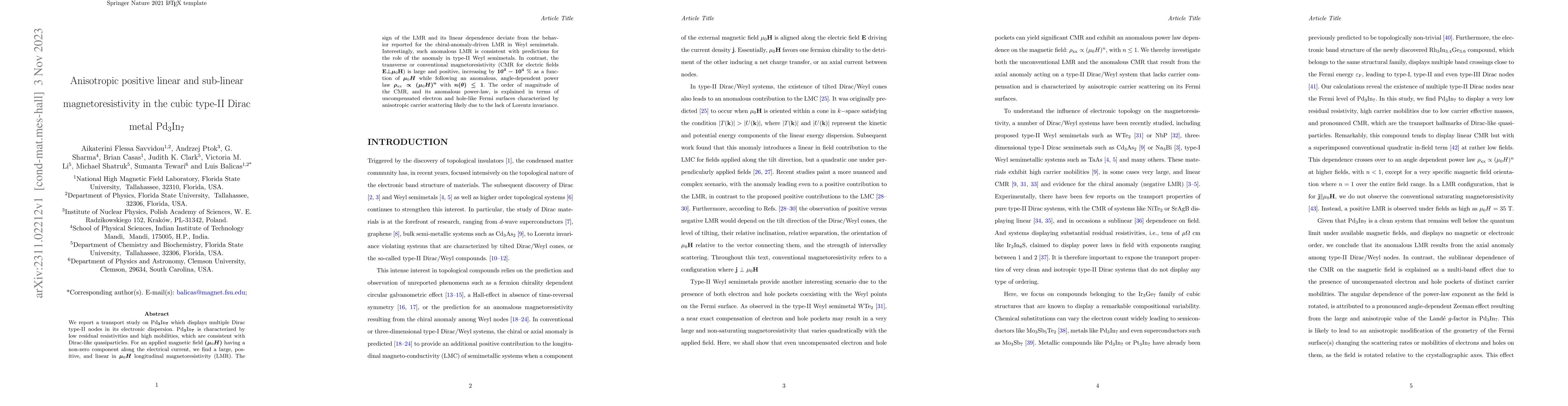 Thumbnail for Anisotropic positive linear and sub-linear magnetoresistivity in the
  cubic type-II Dirac metal Pd$_3$In$_7$