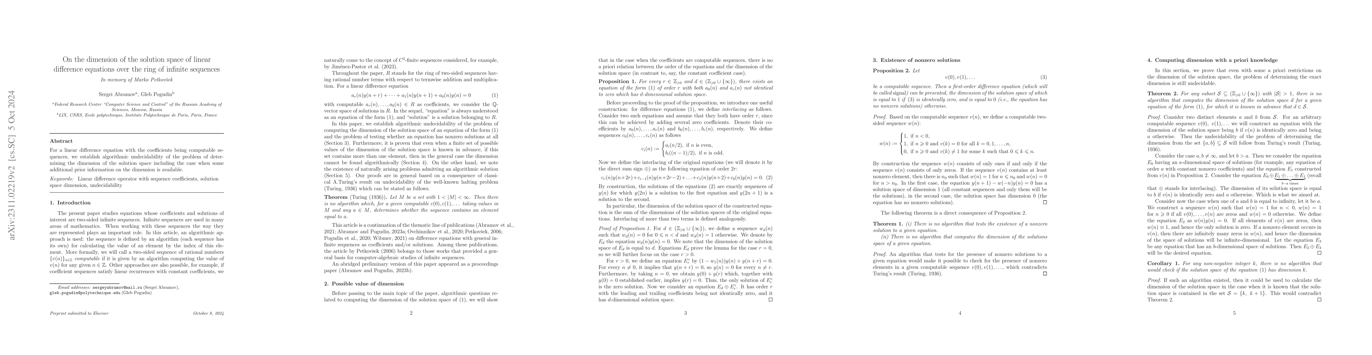 Thumbnail for On the dimension of the solution space of linear difference equations
  over the ring of infinite sequences