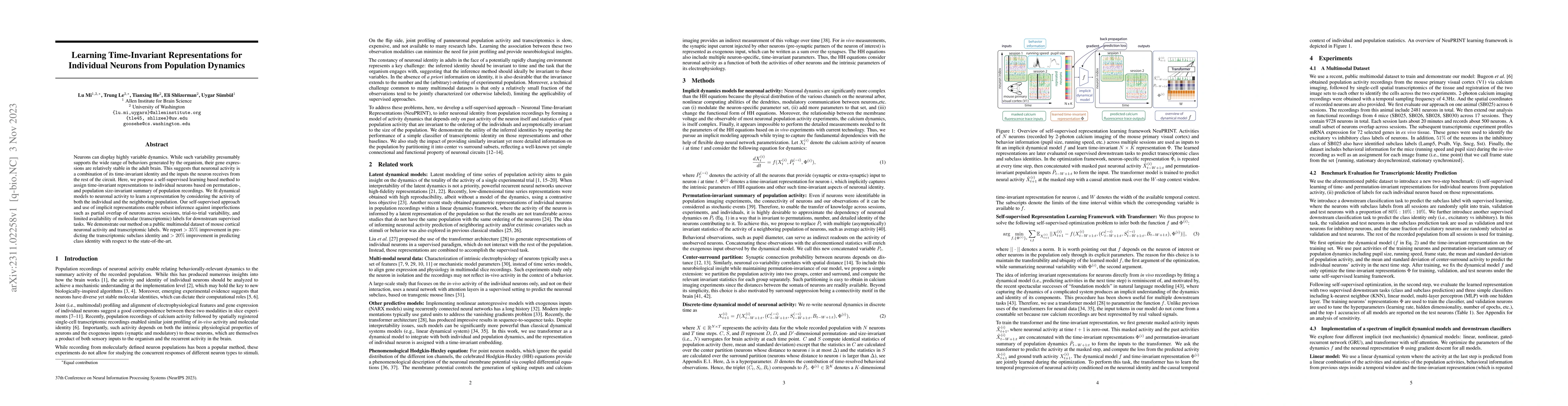 Thumbnail for Learning Time-Invariant Representations for Individual Neurons from
  Population Dynamics