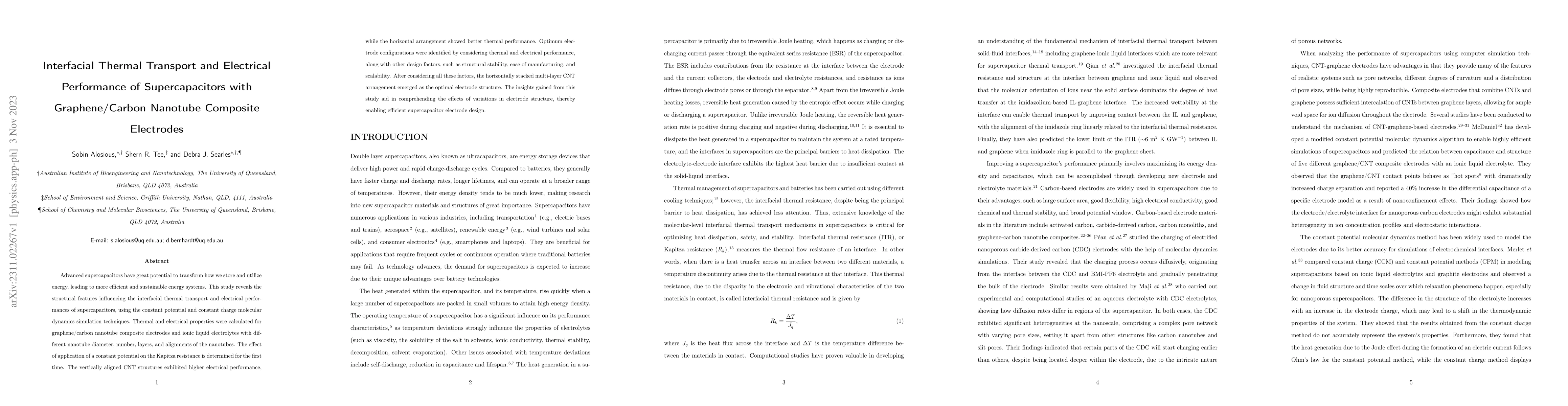 Thumbnail for Interfacial Thermal Transport and Electrical Performance of
  Supercapacitors with Graphene/Carbon Nanotube Composite Electrodes