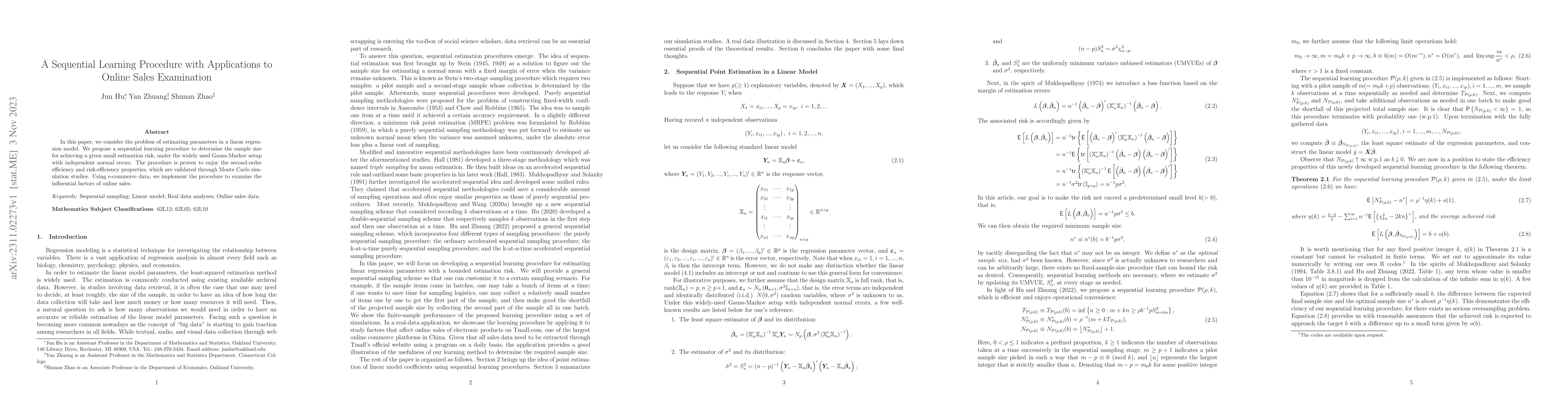 Thumbnail for A Sequential Learning Procedure with Applications to Online Sales
  Examination