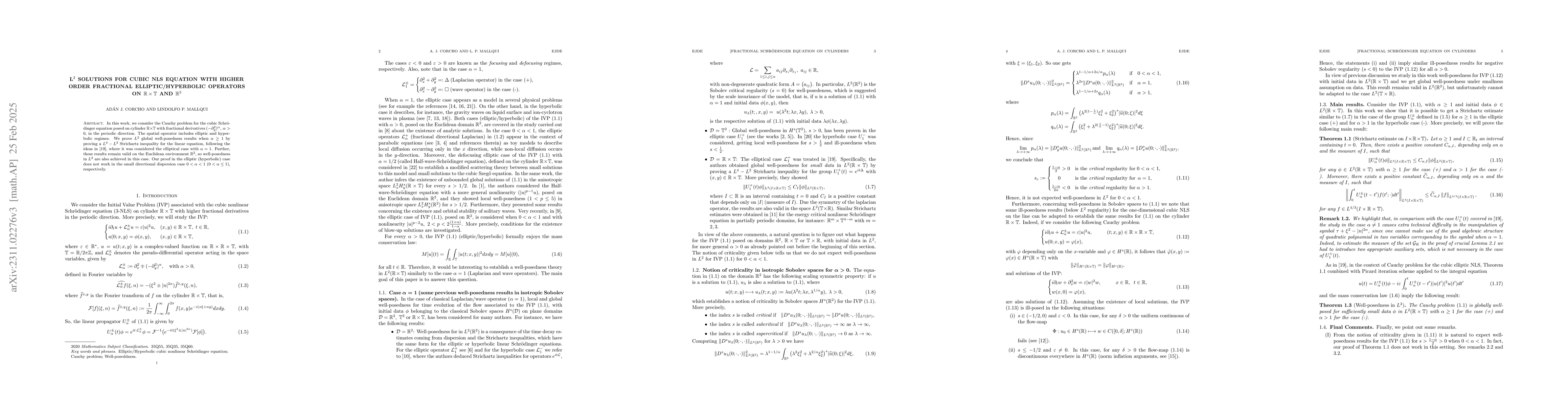 Thumbnail for $\text{L}^2$ solutions for cubic NLS equation with fractional
  elliptic/hyperbolic operators on $\mathbb{R}\times\mathbb{T}$ and
  $\mathbb{R}^2$