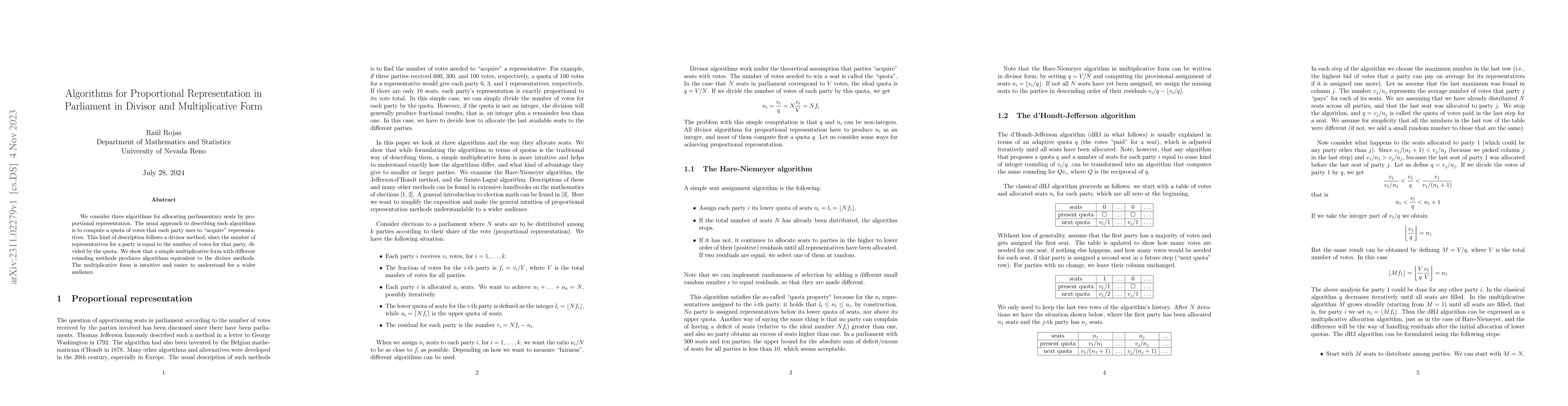Thumbnail for Algorithms for Proportional Representation in Parliament in Divisor and
  Multiplicative Form