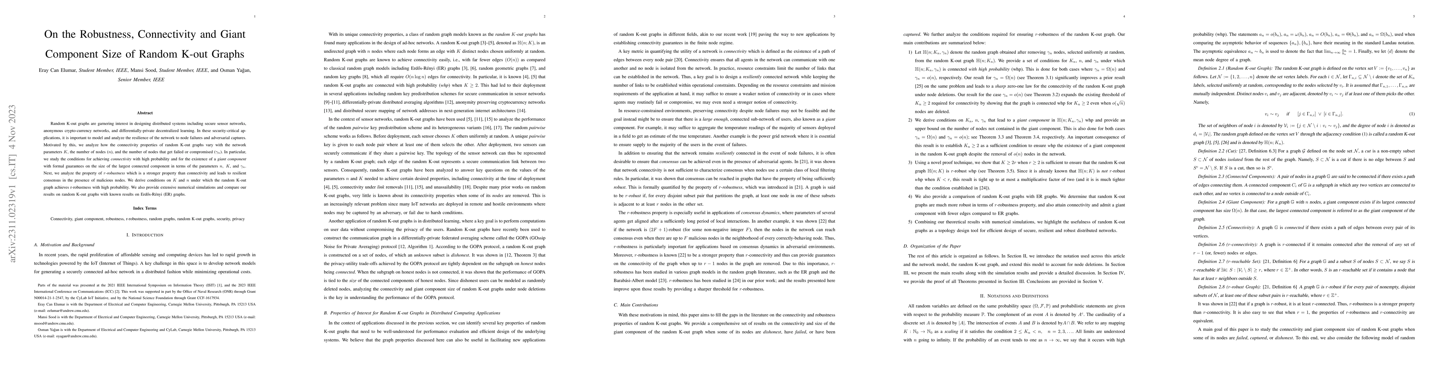 Thumbnail for On the Robustness, Connectivity and Giant Component Size of Random K-out
  Graphs