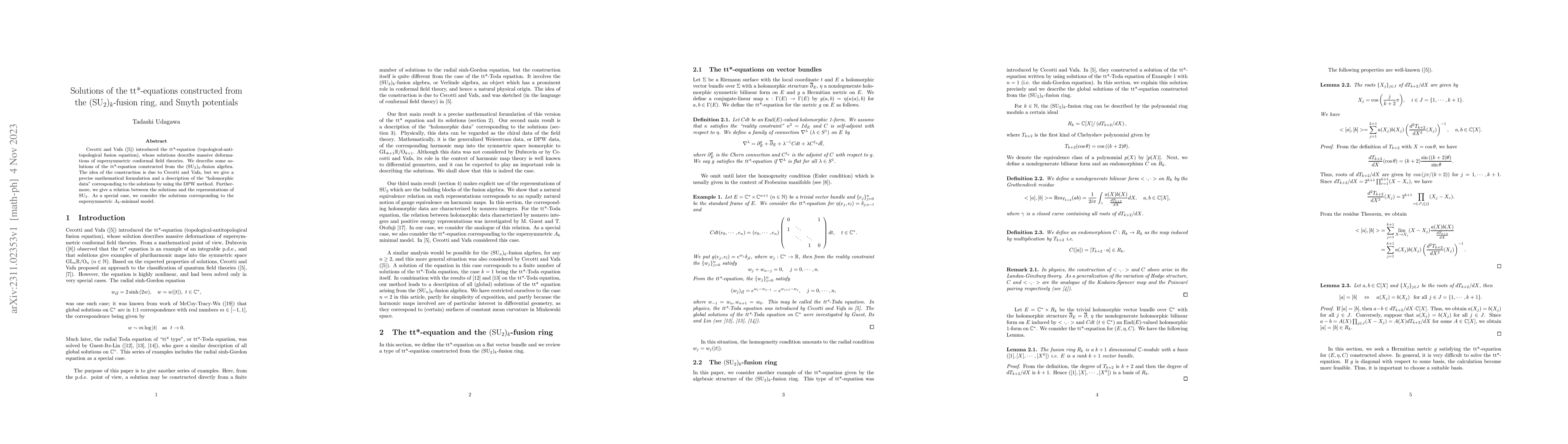 Thumbnail for Solutions of the tt*-equations constructed from the SU(2)$_k$-fusion
  ring, and Smyth potentials