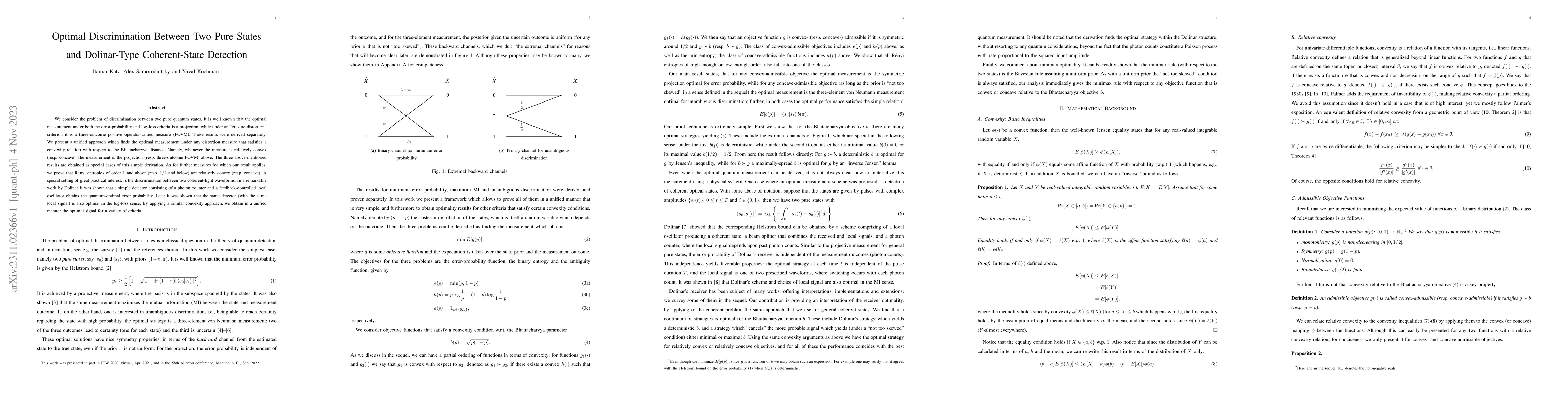 Thumbnail for Optimal Discrimination Between Two Pure States and Dolinar-Type
  Coherent-State Detection