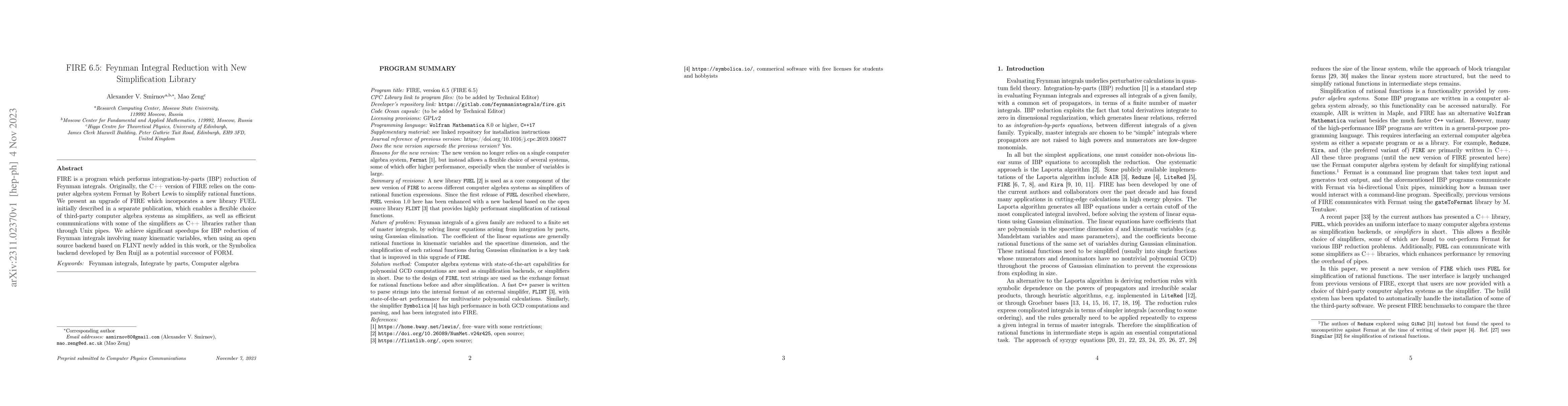 Thumbnail for FIRE 6.5: Feynman Integral Reduction with New Simplification Library