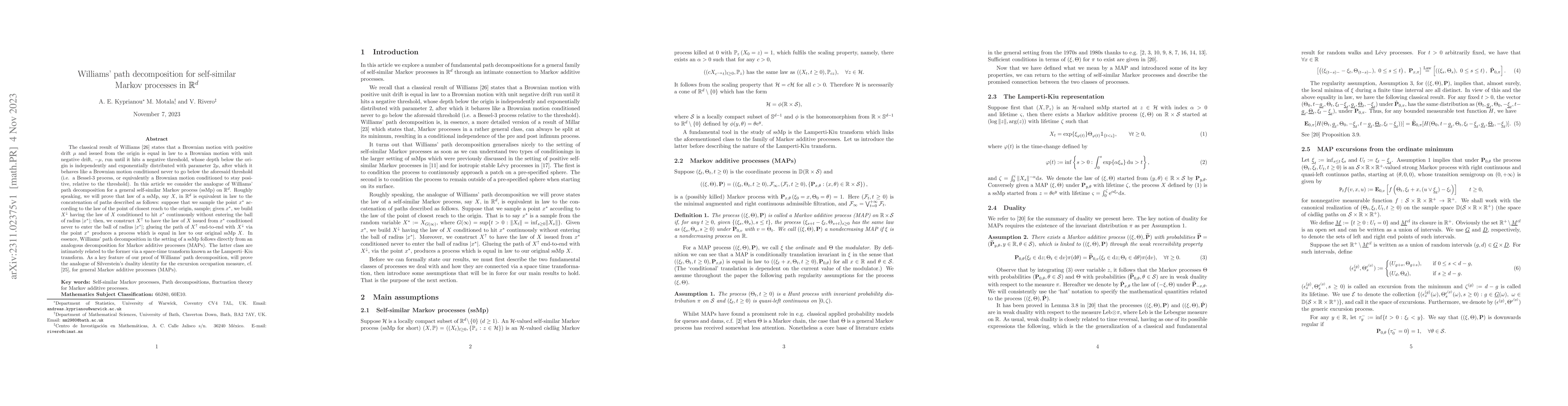 Thumbnail for Williams' path decomposition for self-similar Markov processes in
  $\mathbb{R}^d$