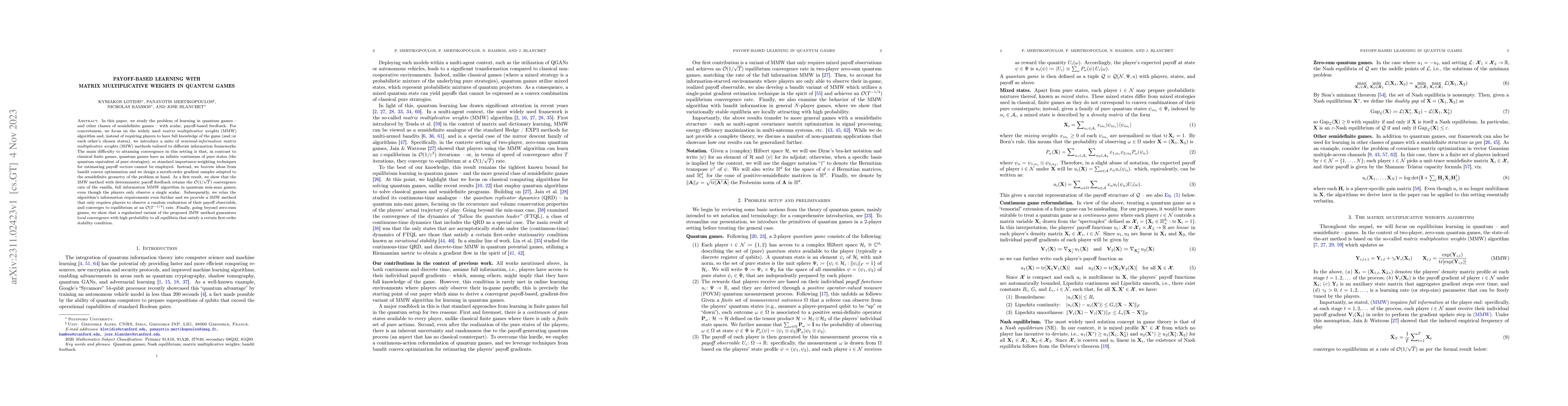 Thumbnail for Payoff-based learning with matrix multiplicative weights in quantum
  games