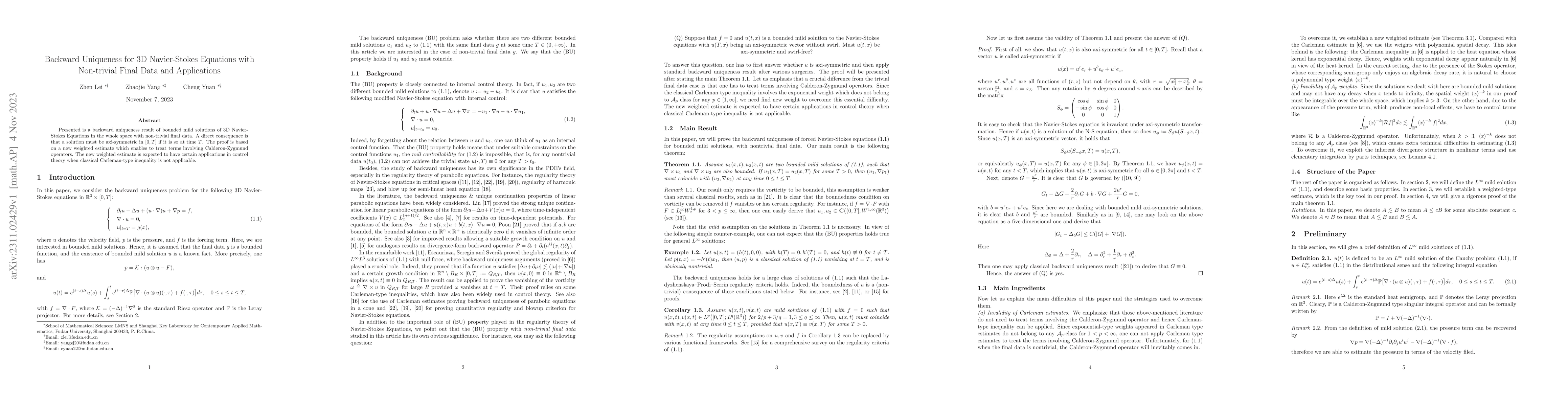 Thumbnail for Backward Uniqueness for 3D Navier-Stokes Equations with Non-trivial
  Final Data and Applications