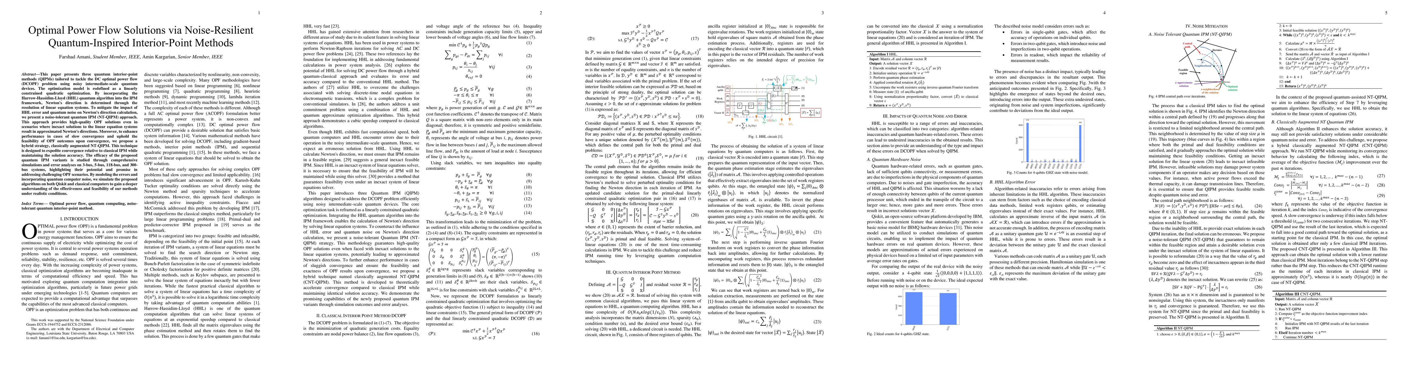 Thumbnail for Optimal Power Flow Solutions via Noise-Resilient Quantum-Inspired
  Interior-Point Methods