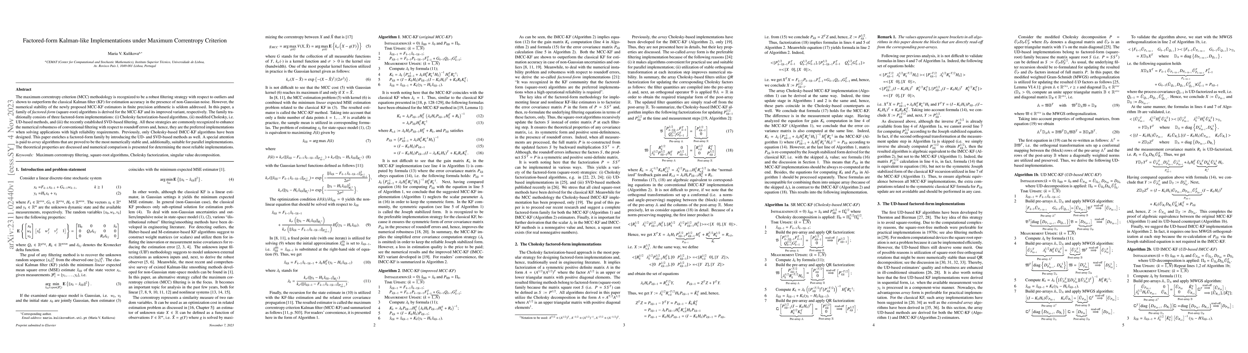 Thumbnail for Factored-form Kalman-like implementations under maximum correntropy
  criterion