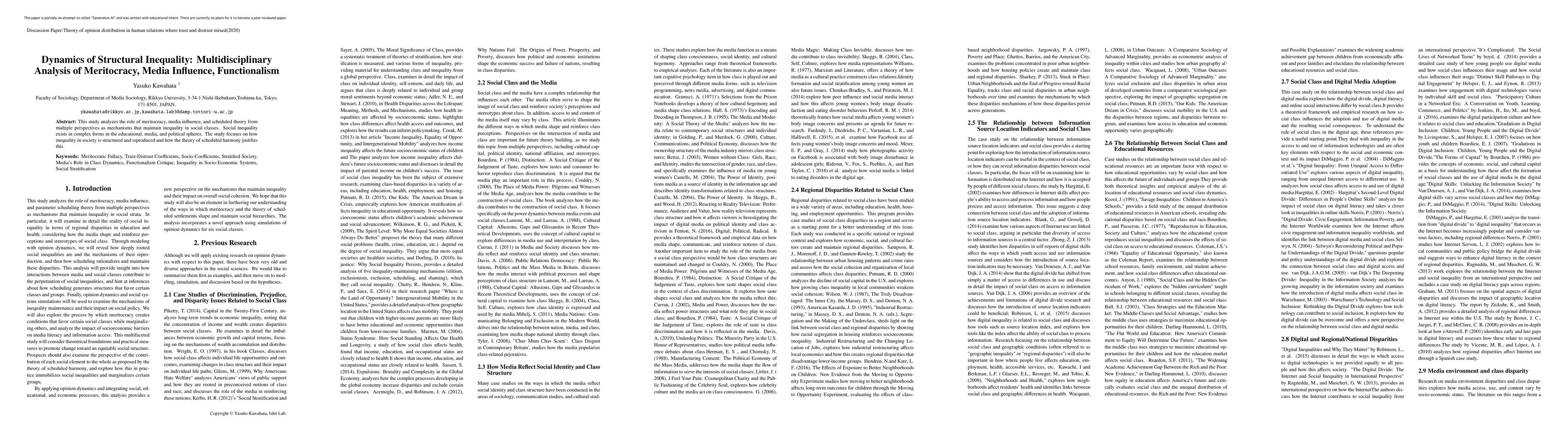 Thumbnail for Pre-Construction of Opinion Dynamics Considering Structural Inequality:
  Interdisciplinary Analysis of Complex Social Stratification, Media Influence,
  and Functionalism