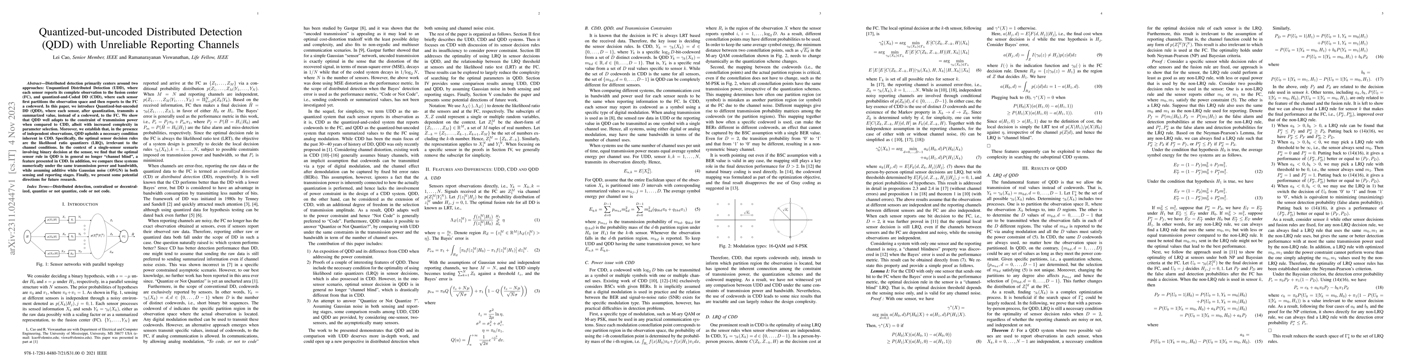 Thumbnail for Quantized-but-uncoded Distributed Detection (QDD) with Unreliable
  Reporting Channels