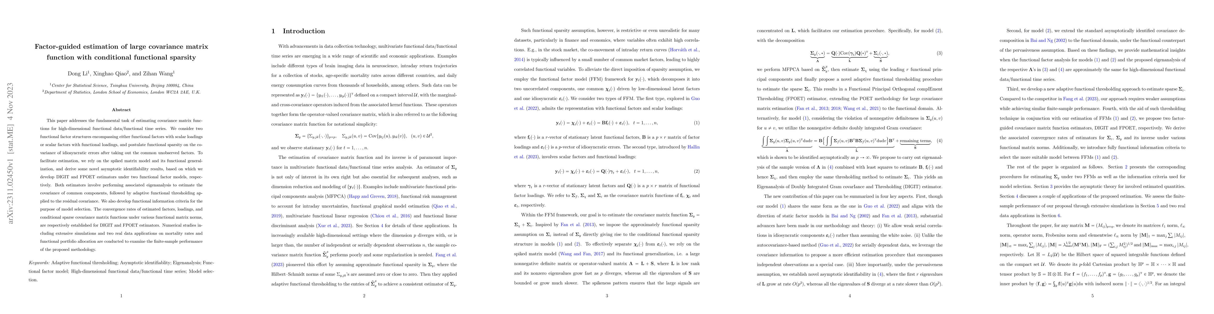 Thumbnail for Factor-guided estimation of large covariance matrix function with
  conditional functional sparsity