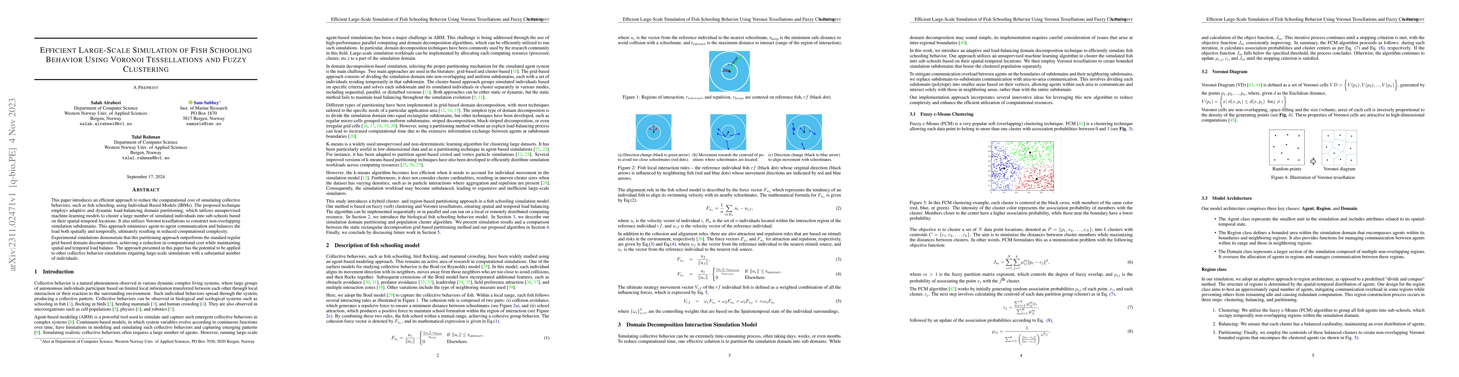 Thumbnail for Efficient Large-Scale Simulation of Fish Schooling Behavior Using
  Voronoi Tessellations and Fuzzy Clustering