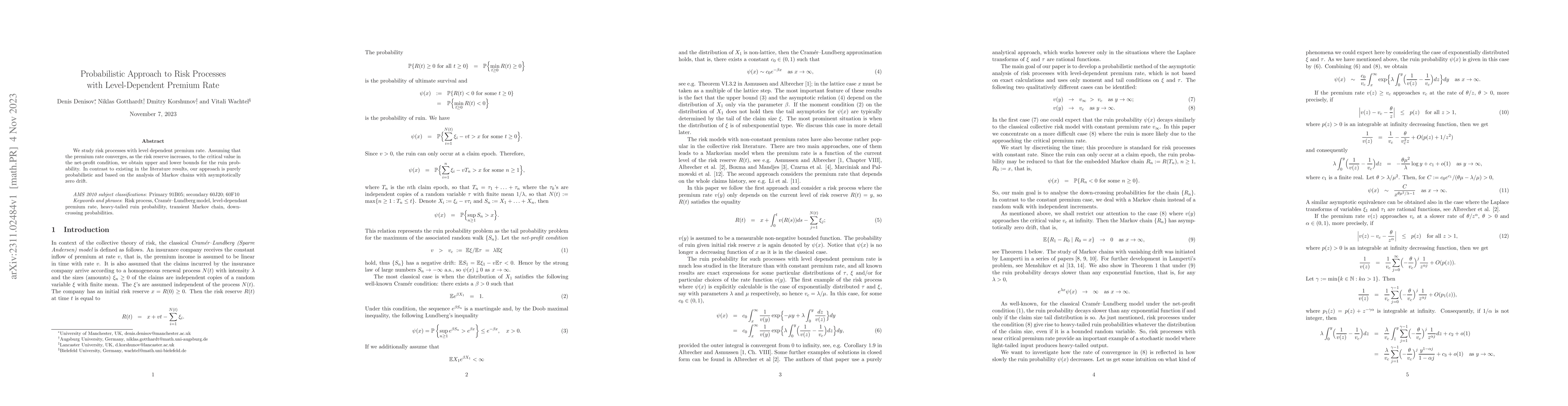 Thumbnail for Probabilistic approach to risk processes with level-dependent premium
  rate
