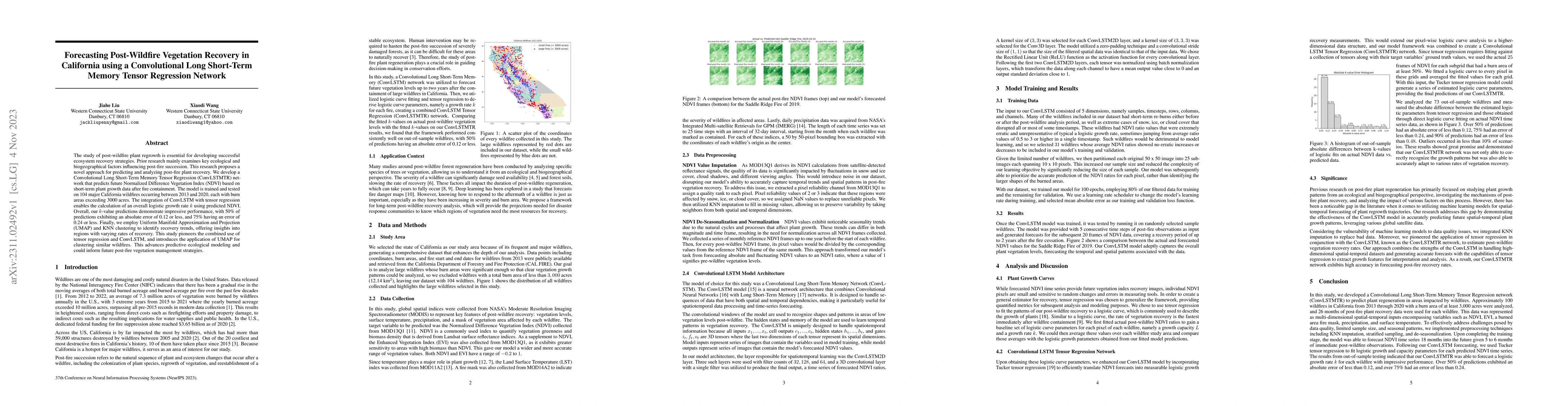 Thumbnail for Forecasting Post-Wildfire Vegetation Recovery in California using a
  Convolutional Long Short-Term Memory Tensor Regression Network