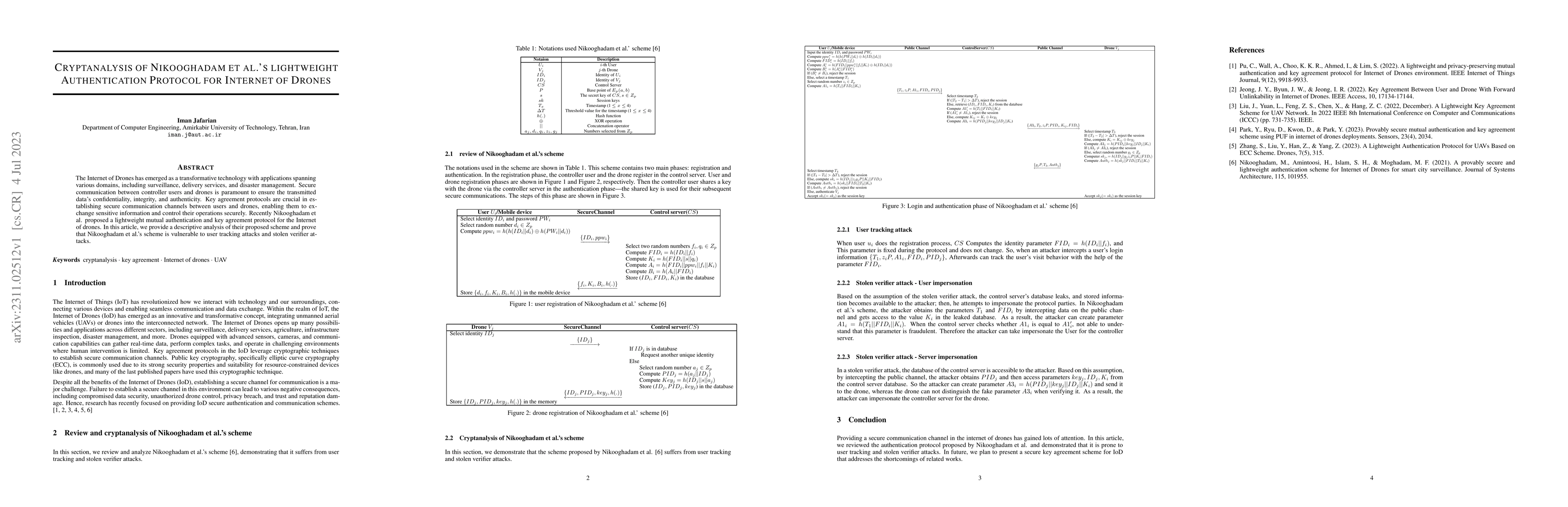 Thumbnail for Cryptanalysis of Nikooghadam et al.'s lightweight authentication
  protocol for Internet of Drones