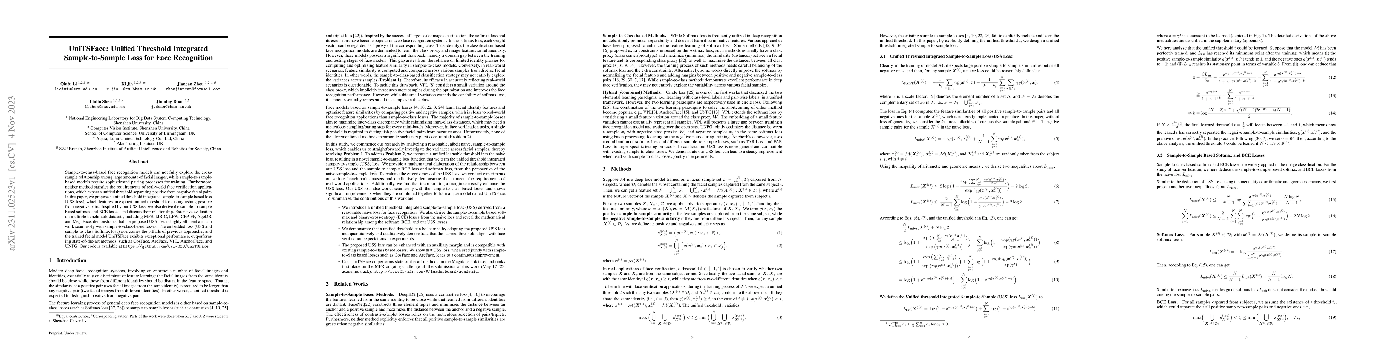 Thumbnail for UniTSFace: Unified Threshold Integrated Sample-to-Sample Loss for Face
  Recognition