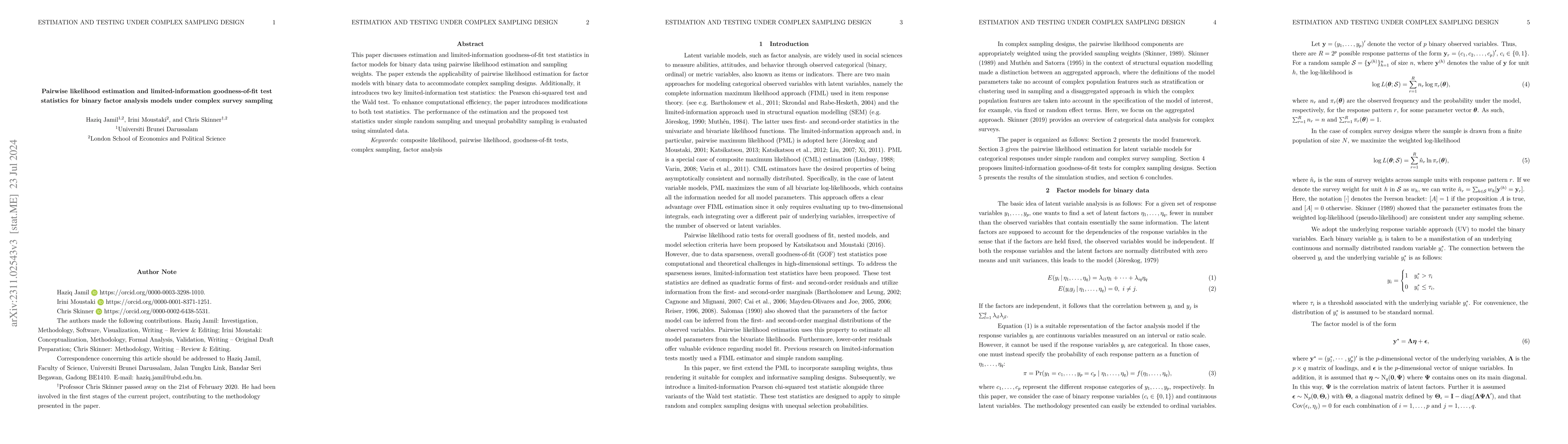 Thumbnail for Pairwise likelihood estimation and limited information goodness-of-fit
  test statistics for binary factor analysis models under complex survey
  sampling
