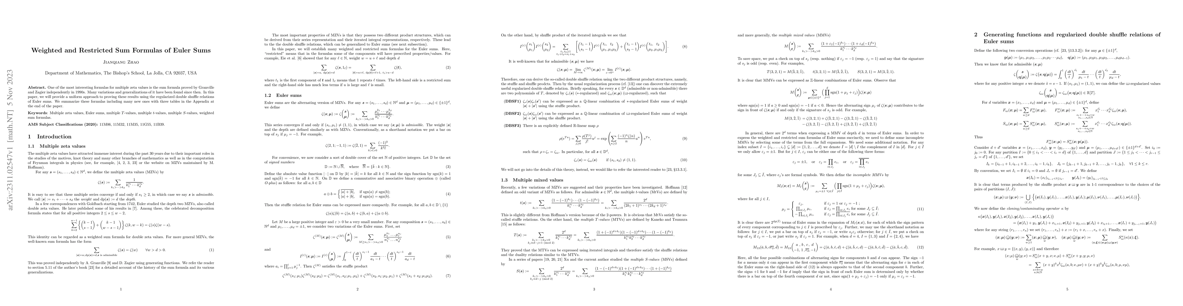 Thumbnail for Weighted and Restricted Sum Formulas of Euler Sums