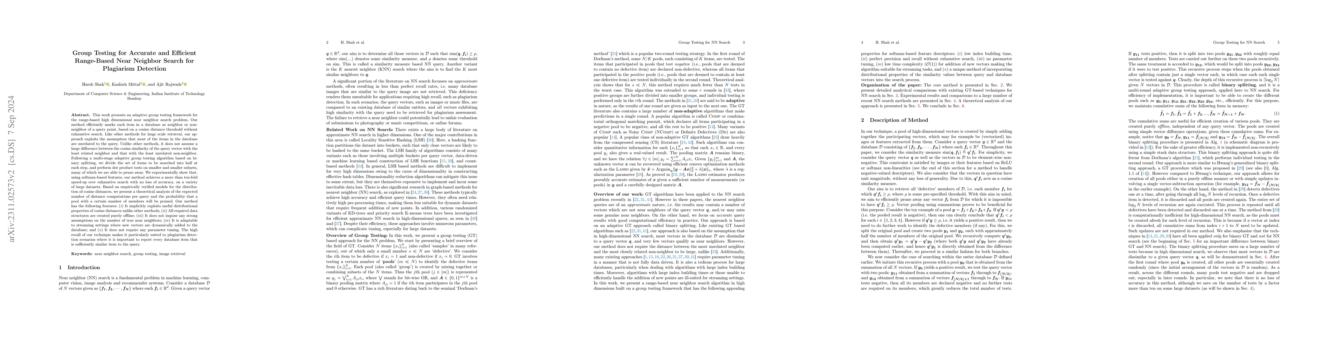 Thumbnail for Group Testing for Accurate and Efficient Range-Based Near Neighbor
  Search : An Adaptive Binary Splitting Approach