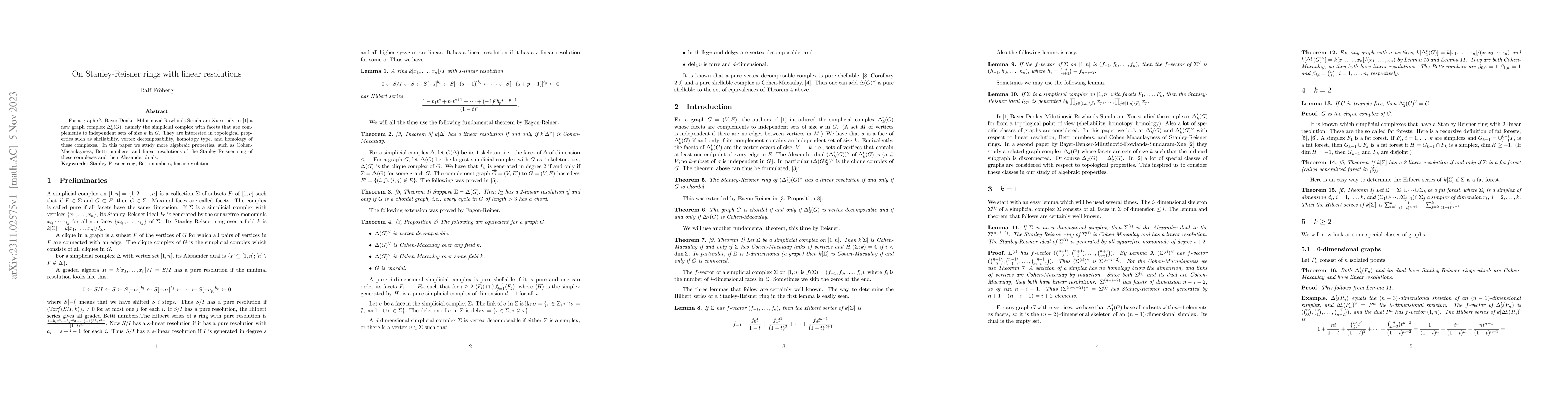 Thumbnail for On Stanley-Reisner rings with linear resolution