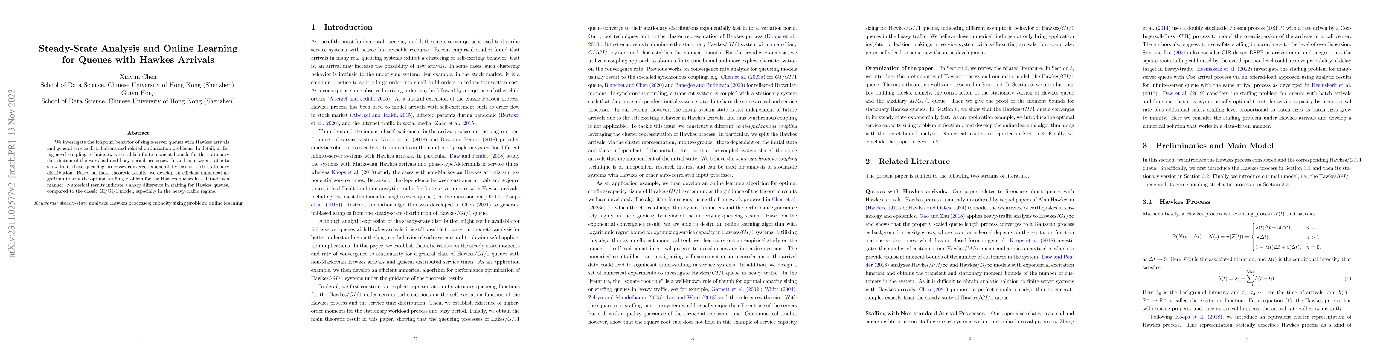 Thumbnail for Steady-State Analysis and Online Learning for Queues with Hawkes
  Arrivals