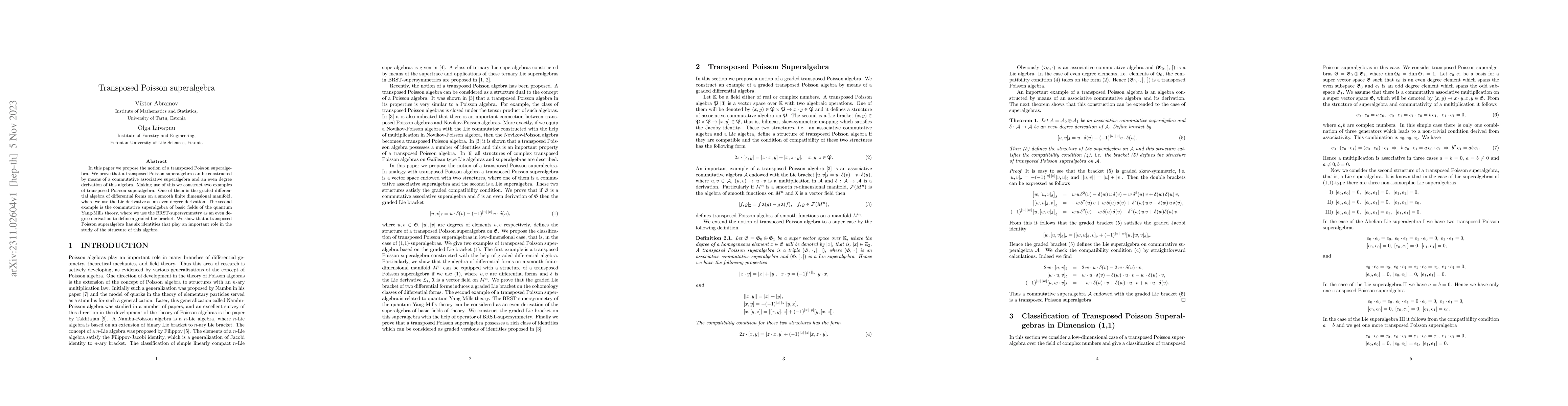 Thumbnail for Transposed Poisson superalgebra