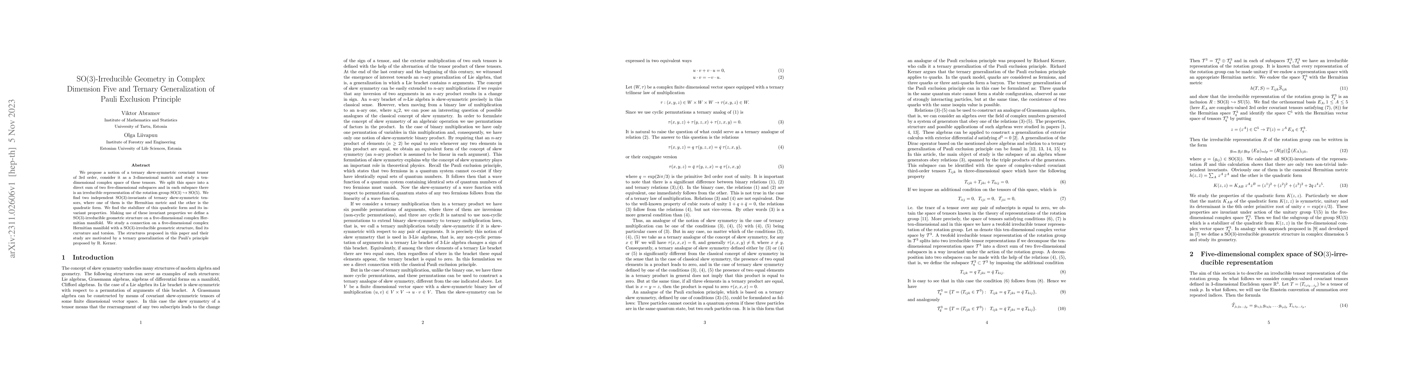Thumbnail for SO(3)-Irreducible Geometry in Complex Dimension Five and Ternary
  Generalization of Pauli Exclusion Principle