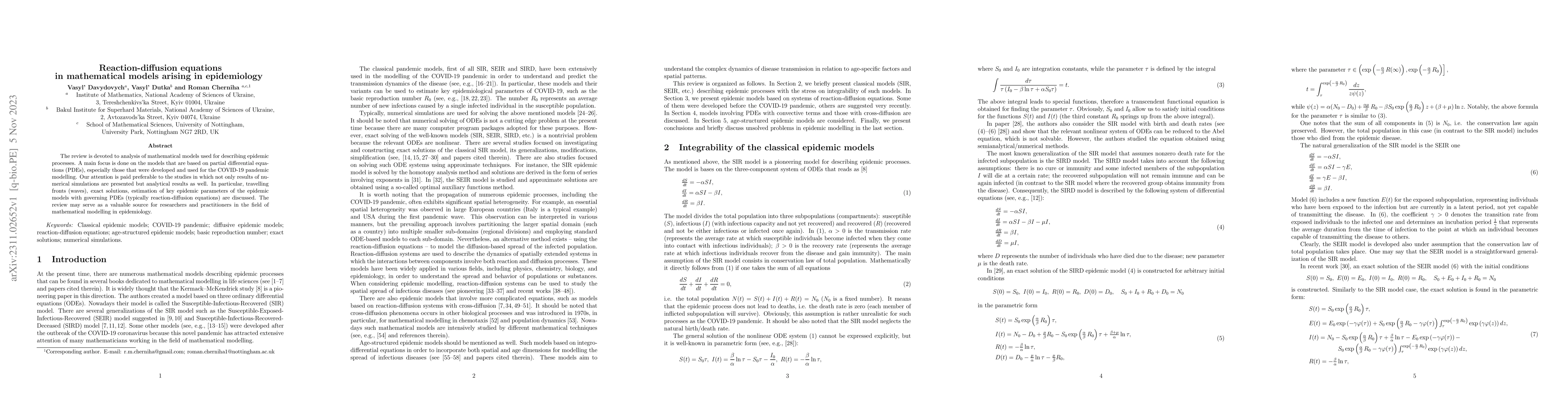 Thumbnail for Reaction-diffusion equations in mathematical models arising in
  epidemiology