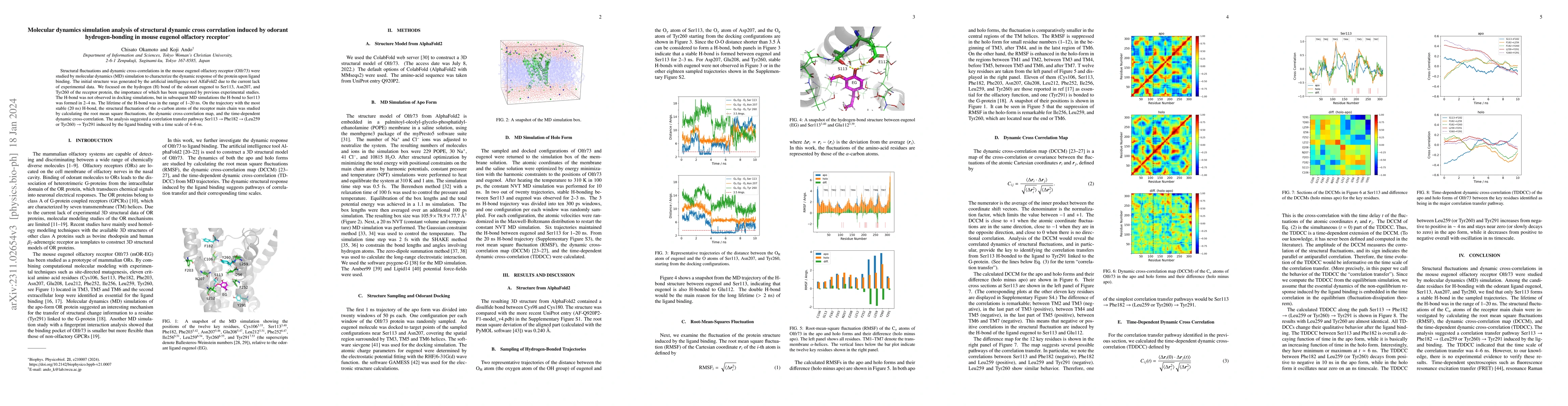 Thumbnail for Molecular dynamics simulation analysis of structural dynamic cross
  correlation induced by odorant hydrogen-bonding in mouse eugenol olfactory
  receptor