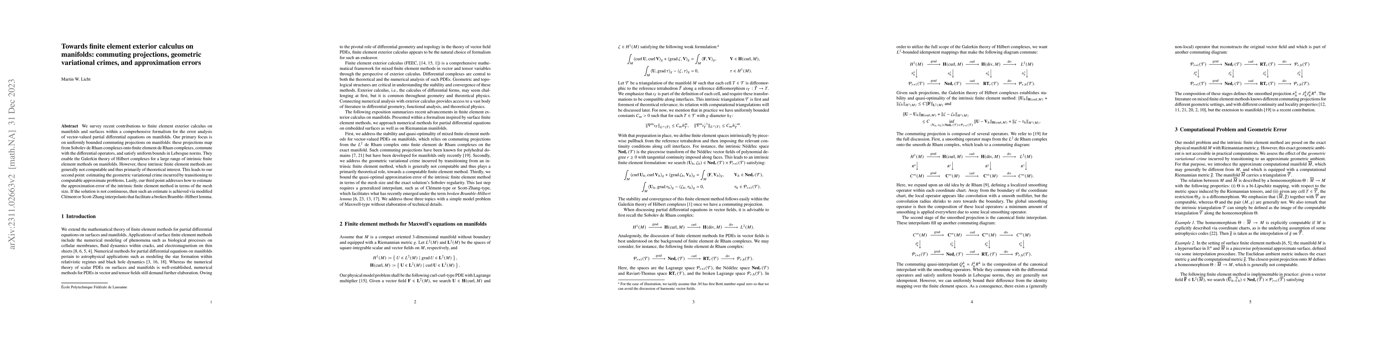 Thumbnail for Towards finite element exterior calculus on manifolds: commuting
  projections, geometric variational crimes, and approximation errors