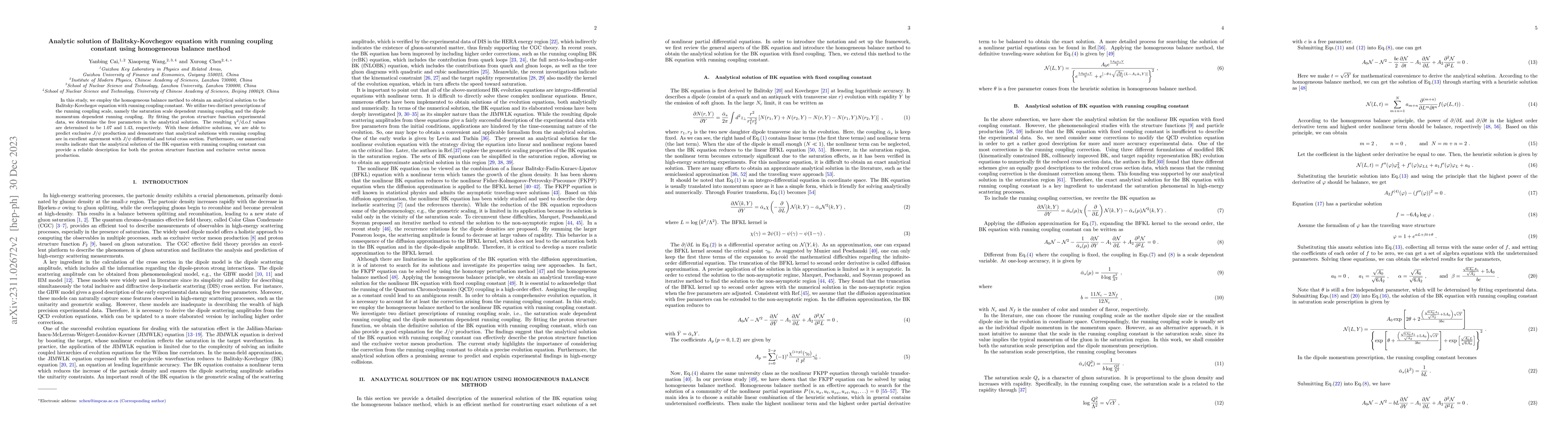 Thumbnail for Analytic solution of Balitsky-Kovchegov equation with running coupling
  constant using homogeneous balance method
