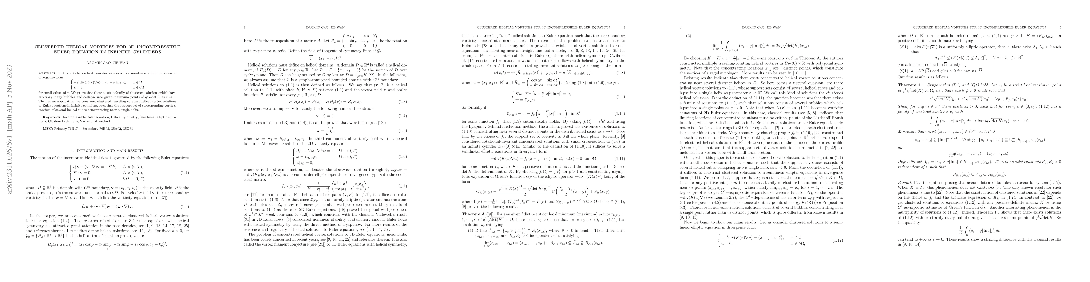 Thumbnail for Clustered helical vortices for 3D incompressible Euler equation in
  infinite cylinders