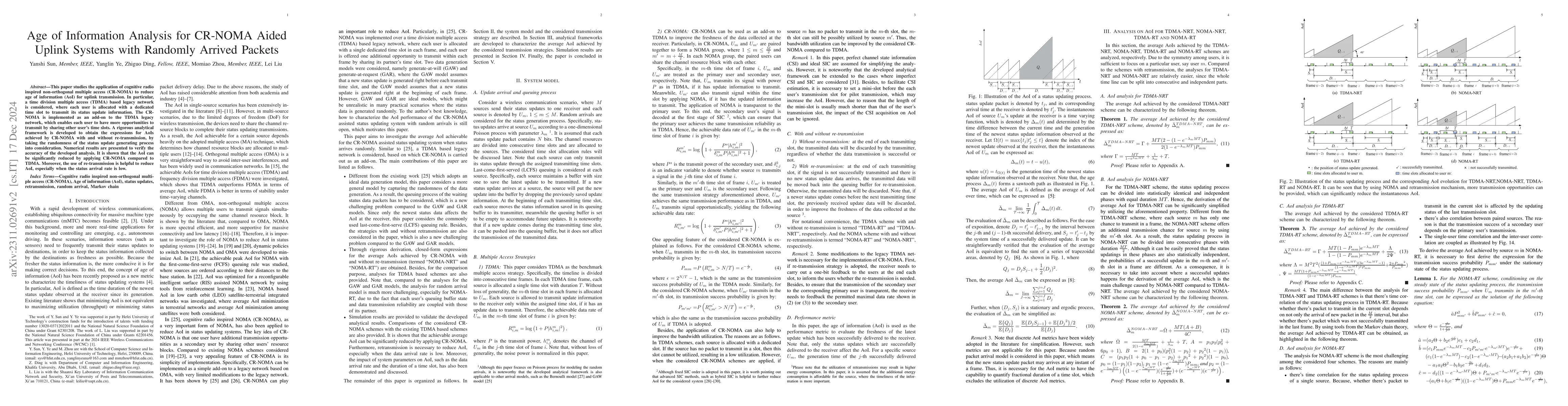 Thumbnail for Age of Information Analysis for CR-NOMA Aided Uplink Systems with
  Randomly Arrived Packets