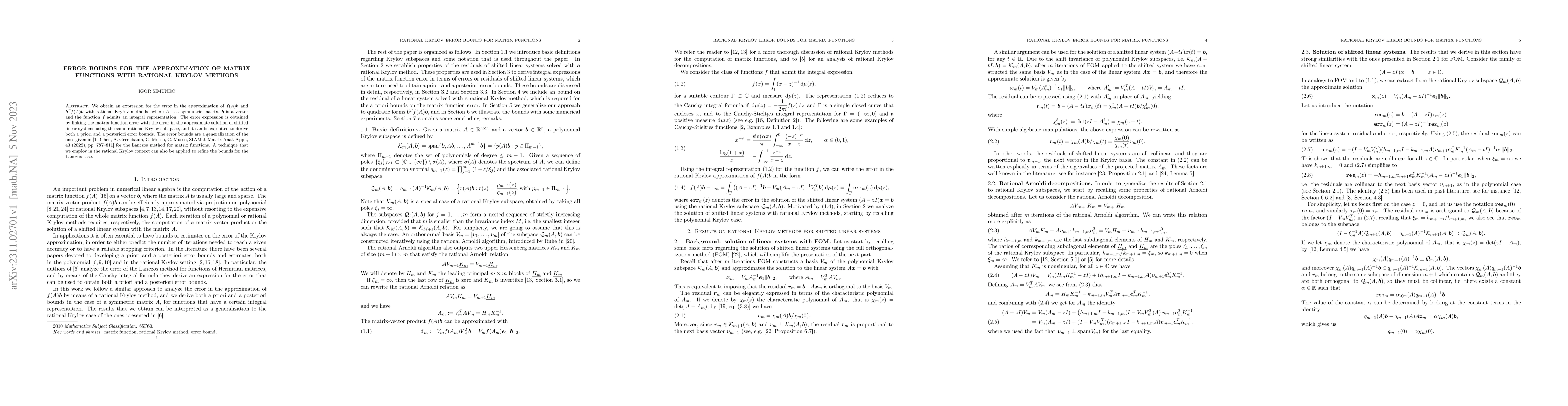 Thumbnail for Error bounds for the approximation of matrix functions with rational
  Krylov methods