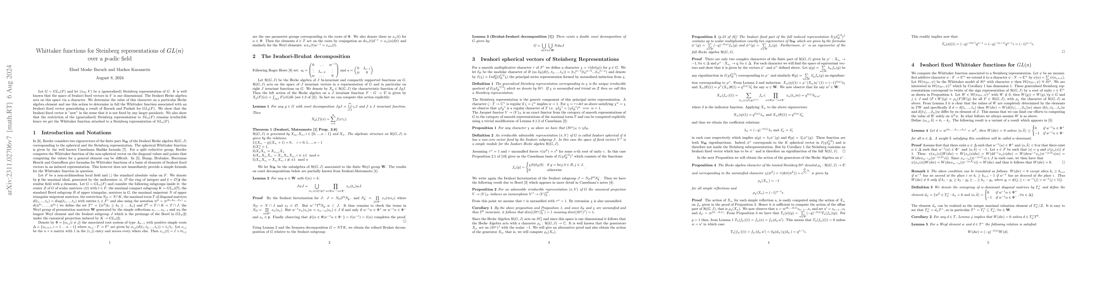 Thumbnail for Whittaker functions for Steinberg representations of $GL(n)$ over a
  $p$-adic field