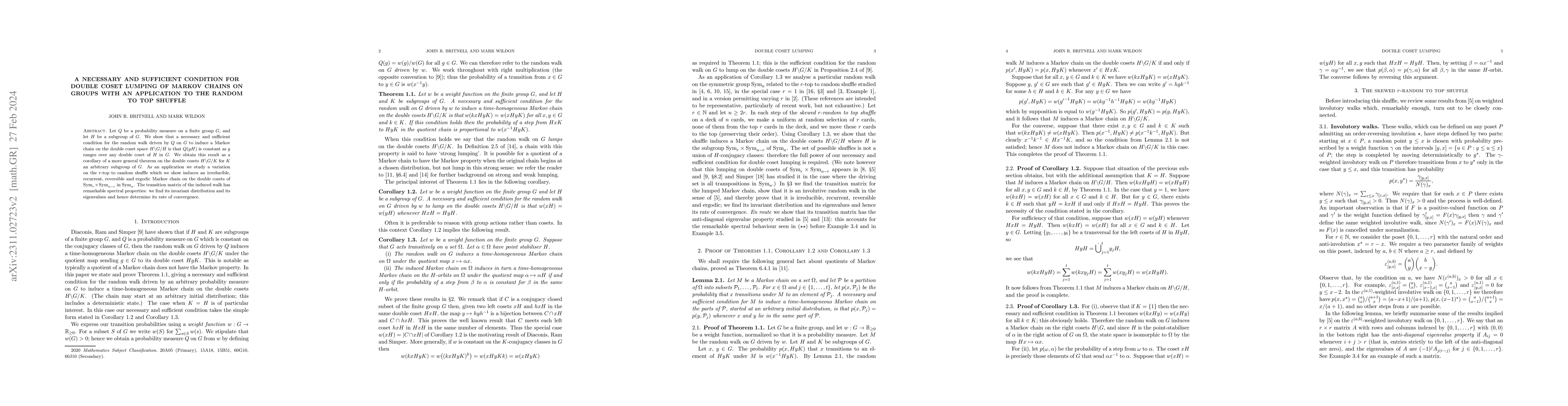 Thumbnail for A necessary and sufficient condition for double coset lumping of Markov
  chains on groups with an application to the random to top shuffle