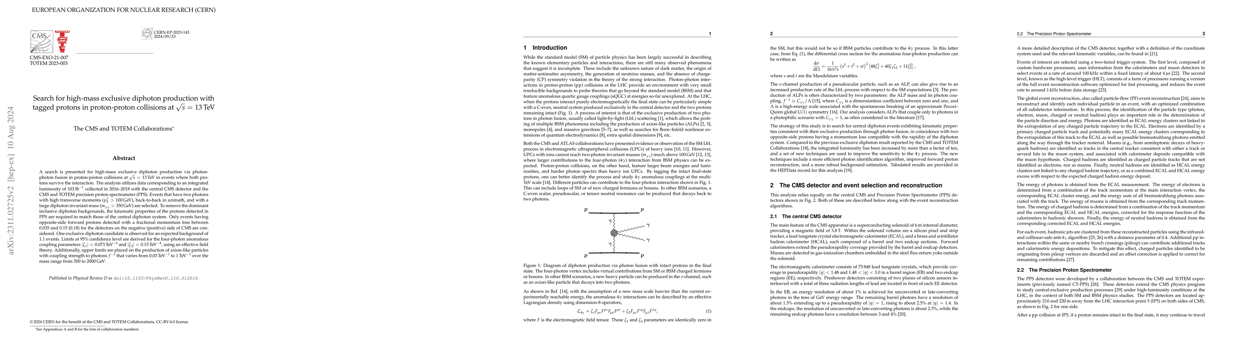 Thumbnail for Search for high-mass exclusive diphoton production with tagged protons
  in proton-proton collisions at $\sqrt{s}$ = 13 TeV