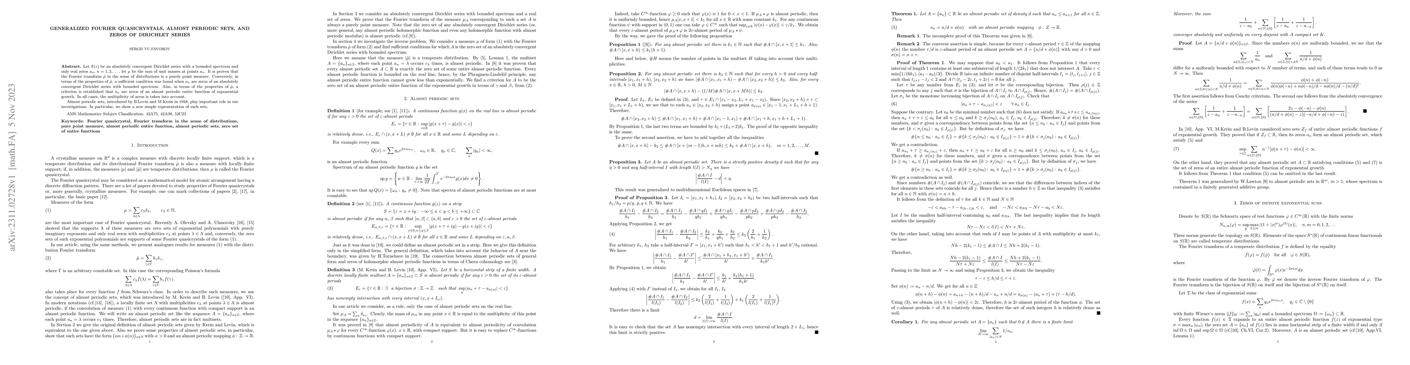 Thumbnail for Generalized Fourier quasicrystals, almost periodic sets, and zeros of
  Dirichlet series