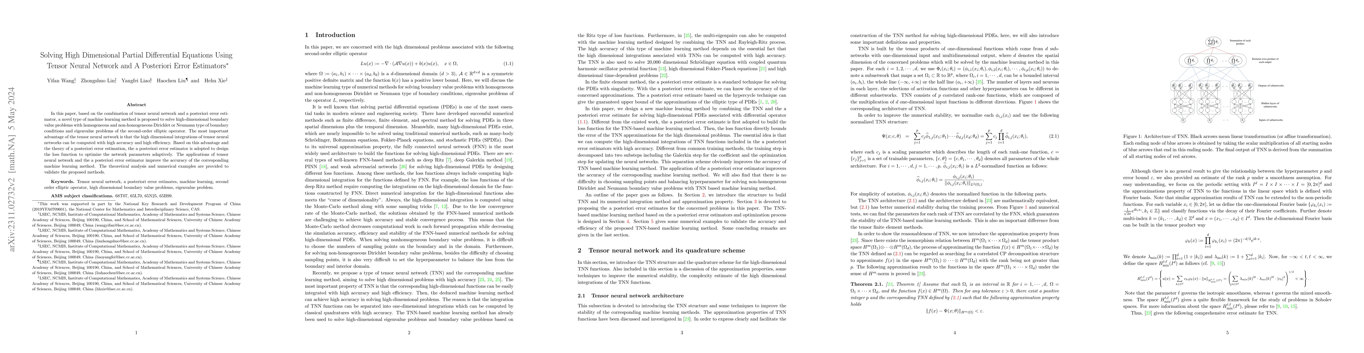 Thumbnail for Solving High Dimensional Partial Differential Equations Using Tensor
  Neural Network and A Posteriori Error Estimators