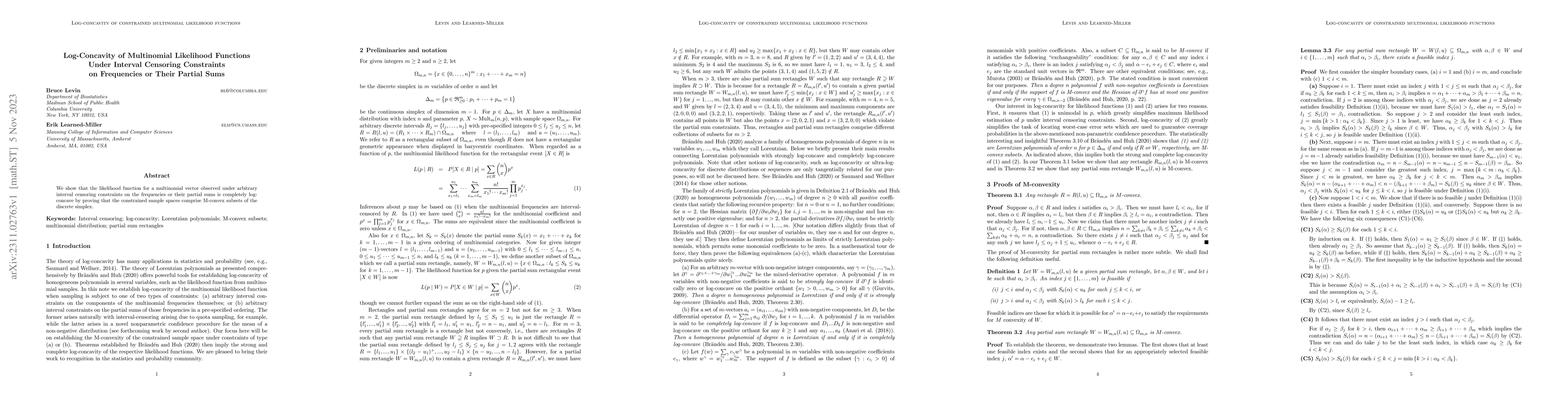 Thumbnail for Log-Concavity of Multinomial Likelihood Functions Under Interval
  Censoring Constraints on Frequencies or Their Partial Sums