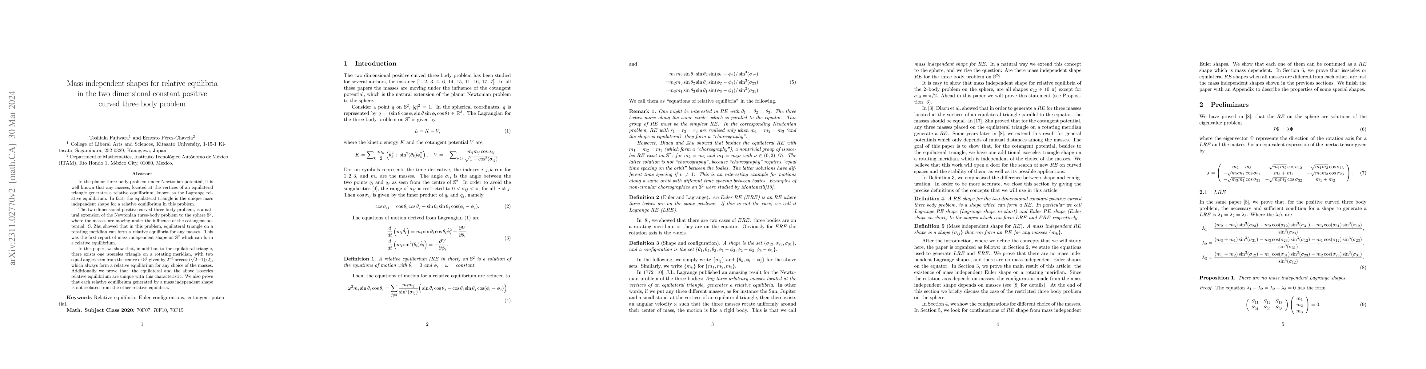 Thumbnail for Mass independent shapes for relative equilibria in the two dimensional
  constant positive curved three body problem